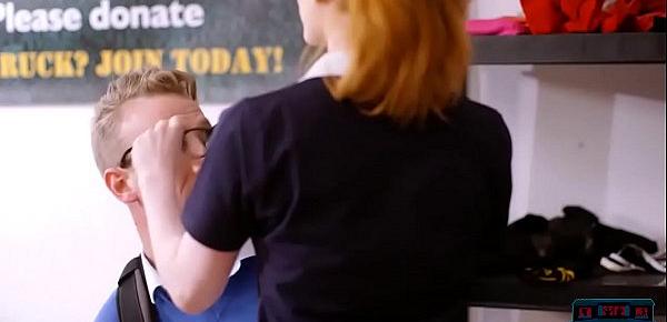  Redhead schoolgirl teen bounces her big ass on a new student